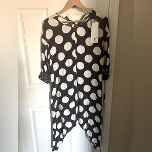NWT ZARA BLUE WHITE BIG POLKA DOT DRESS WIRH HANGING SODE HEMS SZ S
